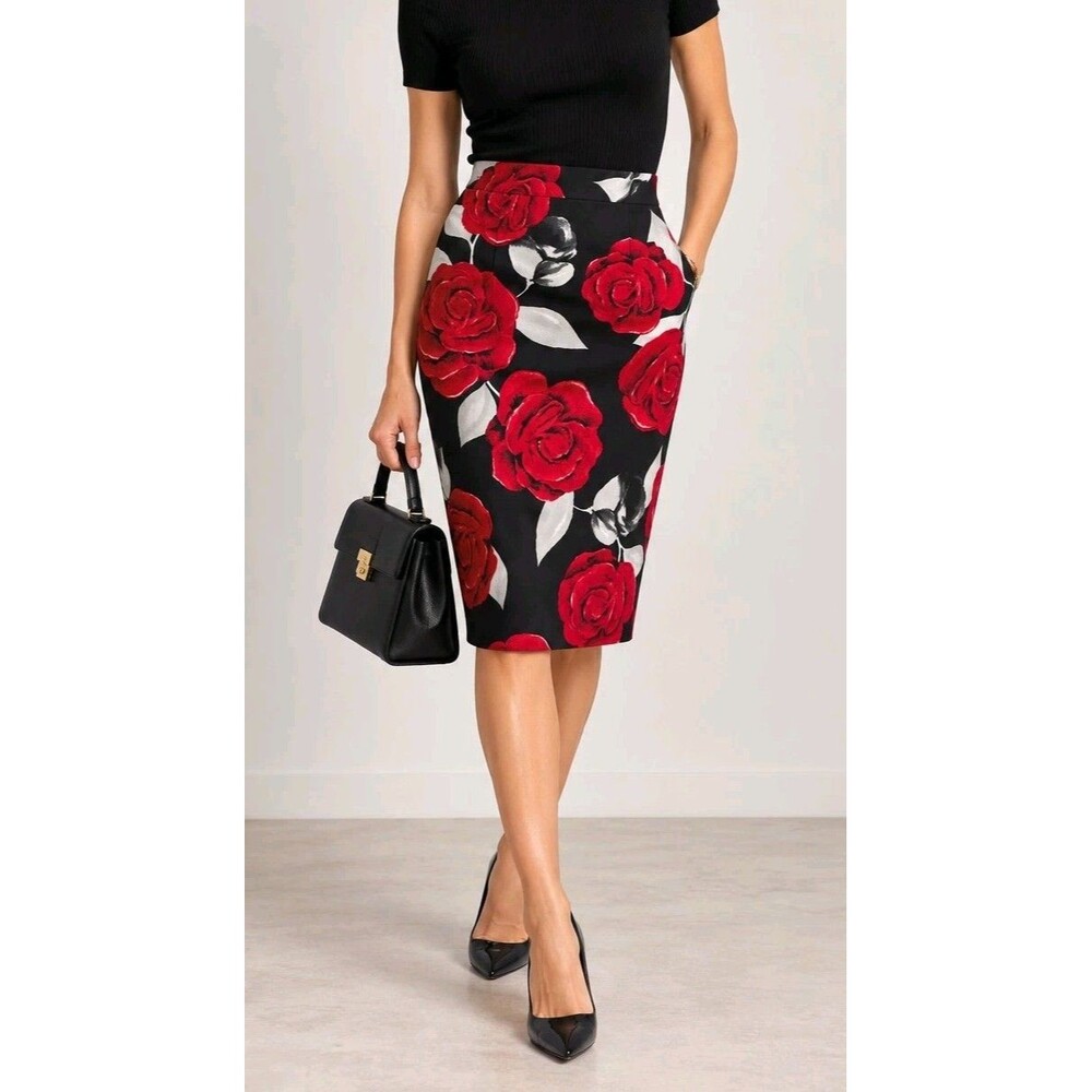 white house black market Black Red Rose Floral Saint Pencil skirt Sz 2